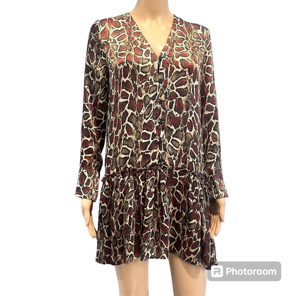 Zara Women’s Button Front Long Sleeve Dress Tunic Top Snake Print V-Neck Small